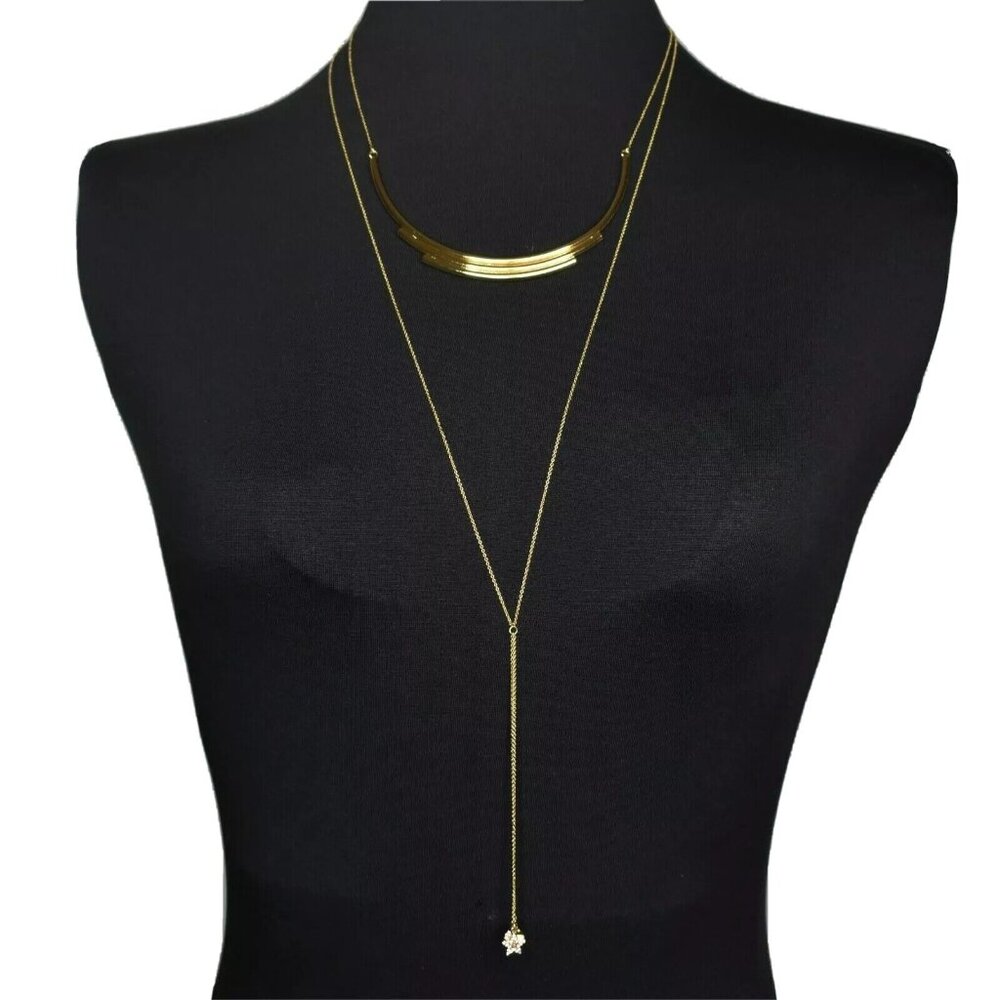 BaubleBar Celestial Tiered Necklace Gold Tone Layered Pave Crystal Star Moon